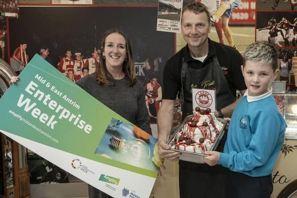 Lucas Loughlin from Corran Integrated Primary School with Christine Barnhill from Mid and East Antrim Borough Council and Karl Wilson from True Gelato.  Photo: Chris Neely
