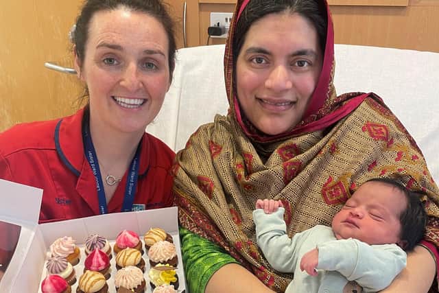 Lindsay Wright (Ward Manager) with mum Shahnaz Akhter and baby Zaynab. Pic credit: SEHSCT