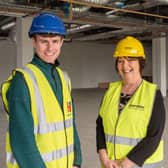 Former Northern Regional College Construction student Jack Neill from Coleraine and Christine Brown, Vice Principal for Teaching and Learning at Northern Regional College pictured onsite at the College’s new Coleraine campus. Credit NRC