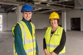 Former Northern Regional College Construction student Jack Neill from Coleraine and Christine Brown, Vice Principal for Teaching and Learning at Northern Regional College pictured onsite at the College’s new Coleraine campus. Credit NRC