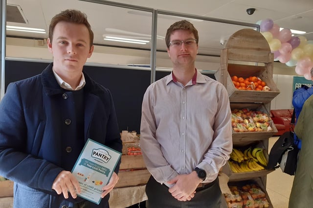 Alliance Upper Bann MLA Eoin Tennyson with Cllr Peter Lavery at the official opening of the new social supermarket Freedom Foods Pantry in Portadown, Co Armagh on Thursday. The supermarket is open to anyone in need and, for a small fee, can avail of a grocery shop of fresh and frozen food plus other staples.