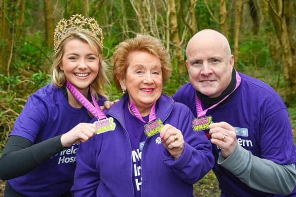 At the launch of the 2024 NI Hospice Celebration Walks are Miss Northern Ireland Kaitlyn Clarke; Olivia Nash, vice president and Leo Donaghy, fundraising executive, both NI Hospice. Photo by Simon Graham