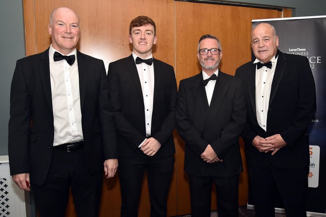  Guests at the Larne Times Business awards from left, John McKinstry, Chris Liddle, Rodger Barnham and Gary McKinstry. LT48-210.