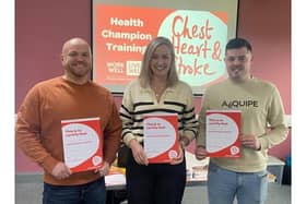 Riada employees Alan McIlreavy, Annita McNicholl and Michael Clarke have trained as Health Champions through the NICHS Work Well Live Well programme. Credit NICHS