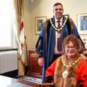 Outgoing Mayor, Ald Gerardine Mulvenna and Deputy Mayor, Ald Stewart McDonald. Pic supplied by Mid and East Antrim Borough Council