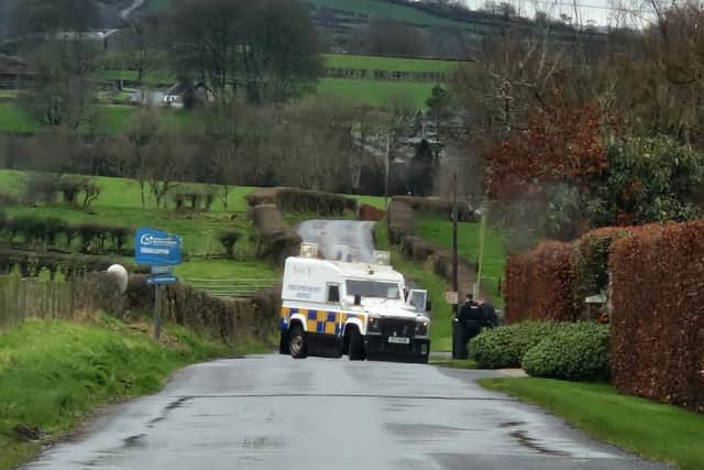 Police at the scene of the security alert at Ballylagan Road, outside Ballynure. Picture: Northern Ireland World