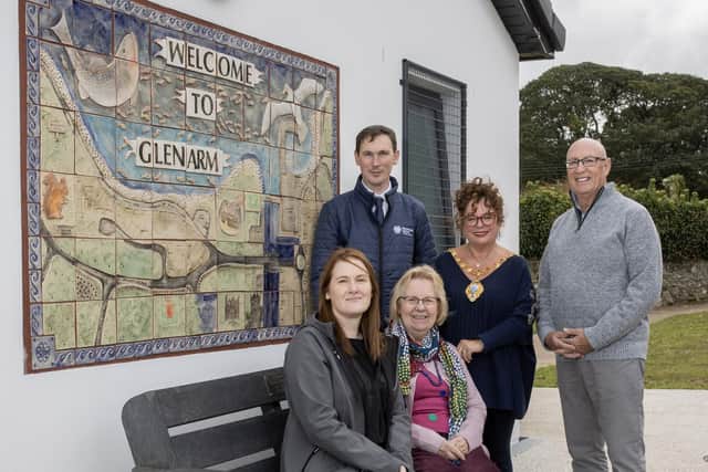 Pictured at the new mural are Karen O’Neill, Department for Communities Regional Development Office; Frances Wilson, vice chair, Glenarm Village Committee; Eamon McMullan, capital regeneration manager, Mid and East Antrim Council; the Mayor, Alderman Gerardine Mulvenna and Leslie Morrow, secretary, Glenarm Village Committee. Submitted by Mid and East Antrim Council
