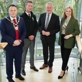 The former Mayor of Antrim and Newtownabbey, Cllr Mark Cooper; Karl Conlon, technical director NovoGen Engineering; Economy Minister Conor Murphy; and Susan O’Kane, eastern regional manager, Invest NI. Photo: submitted