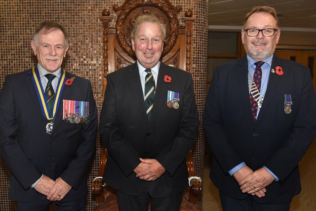 Pictured at the Festival of Remembrance are from left, Maj Philip Morrison, NI District President RBL; Mr Danny Kinahan, NI Victims Commissioner and Mr John Stewart, NI District Chairman RBL. PT44-201.