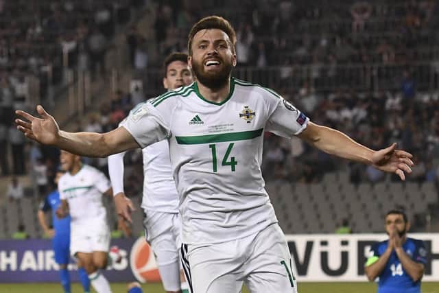 Northern Ireland’s Stuart Dallas  scores a late winner  during a game at Tofiq Bahramov Stadium, Baku. Photo Colm Lenaghan/Pacemaker Press