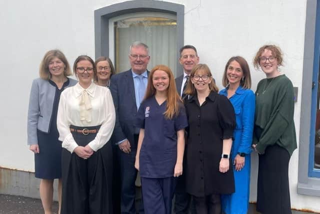 Pictured from left are Dr Louise Sands, Sub Dean; Dr Sandra Gray, GP partner and tutor; Dr Carol Dalzell, Coagh Medical Centre Senior Partner; Health Minister Mike Nesbitt; Katie-Rose McErlain, QUB medical student; Professor Nigel Hart, QUB; Dr Ursula Mason, RCGPNI; Professor Helen Reid, QUB; Dr Aoibhin McGarrity, Coagh Medical Centre GP partner. Credit: Supplied