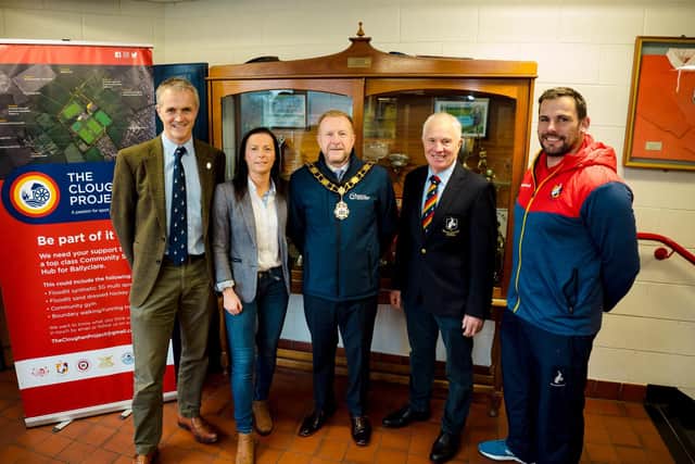 Aran Blackbourne, chairman, Ballyclare Rugby Club; Zoe Tisdale, director, Ballyclare Comrades; the Mayor of Antrim and Newtownabbey, Alderman Stephen Ross; Peter Caldwell, and Richard Lutton, both Ballyclare Rugby Club.