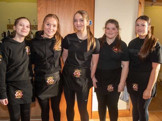 Acting as waitreses at the Mavemacullen Accordion Band big breakfast are from left, Poppy Maeshall, Maisie Sinton, Abbie Heatrick, Sophie Black and Ivy Cornett.