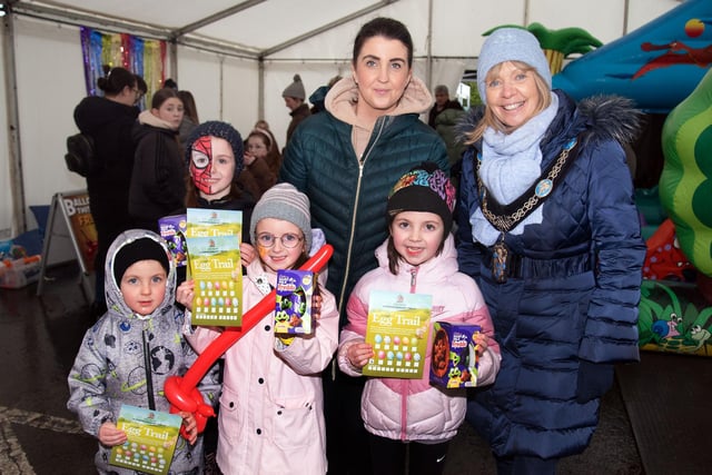 Lord Mayor of ABC Council, Alderman Margaret Tinsley pictured with the McAtarsney family at the Mayor's Easter Trail and fun day. Included from left are, Conan (4), Lily (8), Zara (5), mum, Helen and Grace (6). PT13-254.