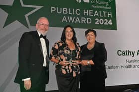Aidan Dawson, Public Health Agency, Cathy Armstrong, winner of the Public Health Award and Rita Devlin, Director, RCN Northern Ireland
