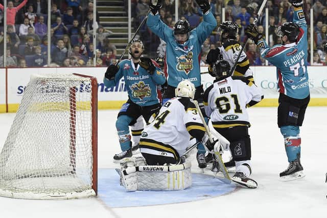 Ray Sawada of the Belfast Giants celebrates after scoring the game timing 2-2 goal against the Nottingham Panthers during the Elite League game at the Odyssey Arena, Belfast in 2015. Picture: Michael Cooper