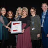 Health and Social Care lecturers involved in the delivery of the Dental Nursing course at Magherafelt campus receiving the Highly Commended award for the best new course from Pauline Martin, member of the College’s governing body and Chief Operating Officer, Sean Laverty. Members of the team are Jacqui McAllister, Lesley McCausland, Laura Kelly and Michelle McWilliams.