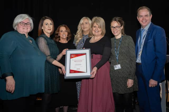 Health and Social Care lecturers involved in the delivery of the Dental Nursing course at Magherafelt campus receiving the Highly Commended award for the best new course from Pauline Martin, member of the College’s governing body and Chief Operating Officer, Sean Laverty. Members of the team are Jacqui McAllister, Lesley McCausland, Laura Kelly and Michelle McWilliams.