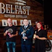Ian Perry (distiller at Belfast Artisan Gin), Mayor of Antrim and Newtownabbey, Cllr Mark Cooper and Jo Davison (Director of Belfast Artisan Gin).