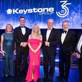 Pictured at the Gala Event in Titanic Belfast are, from left, Owen Coyle, divisional chief executive; Eithne Kelly, CEO; Sean Og Coyle, Chief Commercial Officer; broadcaster Holly Hamilton; Sean Coyle, Chair; broadcaster Patrick Kielty and Chief Financial Officer, Dessie Boyce. Credit: Brian Morrison
