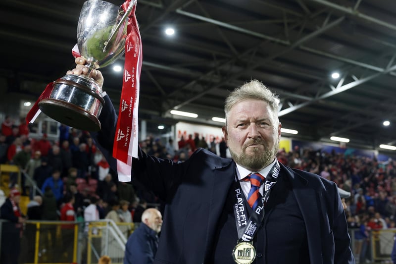 Portadown manager Niall Currie with the Playr-Fit Championship trophy.