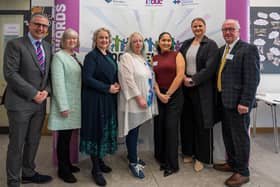 At the Good Relations Awards 2025, which took place in Shankill Shared Women’s Centre were (l-r) Mark Simpson, BBC; Jacqueline Irwin, CEO CRC; Junior Minister Pam Cameron; Kathy Wolff, Community Relations Forum, winner of the CRC Exceptional Achievement Award; Emma Baptista winner of the Youth Award; Junior Minister Aisling Reilly; Betty Carlisle, Shankill Shared Women’s Centre; and Martin McDonald MBE, CRC Chair.