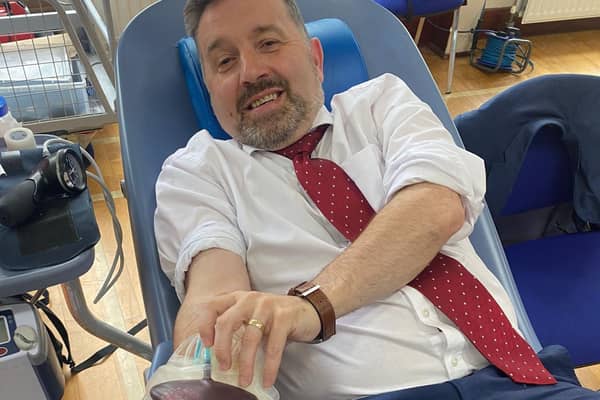 North Antrim MLA Robin Swann marks 60th blood donation. Credit Robin Swann MLA
