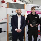 SERC Level 3 Fire & Security Systems Apprentice, Christopher Orr, 27, from Lisburn, has been Awarded the Nittan Shield Apprentice of the Year 2023 for his efforts and achievements in work and College. (L -R)  Bobby Nixon, Sales Manager, Nittan Europe Ltd, who presented the Award, Christopher Orr with employer, Harry Dollin, Operations Manager, Crane Communications. Pic credit: SERC