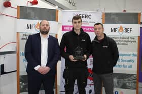 SERC Level 3 Fire & Security Systems Apprentice, Christopher Orr, 27, from Lisburn, has been Awarded the Nittan Shield Apprentice of the Year 2023 for his efforts and achievements in work and College. (L -R)  Bobby Nixon, Sales Manager, Nittan Europe Ltd, who presented the Award, Christopher Orr with employer, Harry Dollin, Operations Manager, Crane Communications. Pic credit: SERC