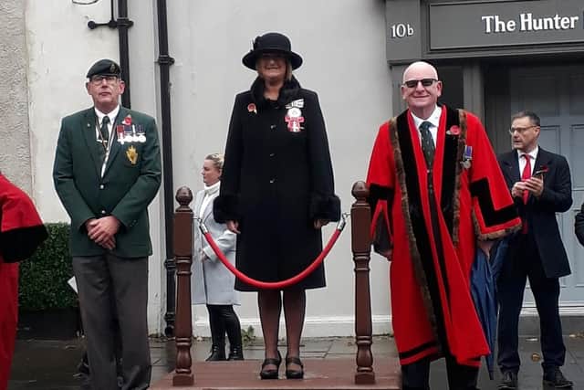 Mrs Jacqueline Stewart MBE, Deputy Lieutenant for County Antrim represented the Lord-Lieutenant during the Remembrance event in Carrickfergus.  Photo: Jacqueline Stewart