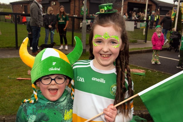 Colourful kids... Caolan Maginness (4) and Fiadh McKee (7) ready for the St Paul's GAC St Patrick's Day parade on Sunday morning. LM12-212.