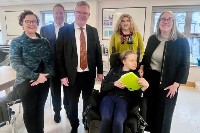 Clare McStay (Asst. Director Disability Services, South Eastern Trust), Jonathan Patton (Chairman, South Eastern Trust), Health Minister, Mike Nesbitt, MLA, Vivienne Scott (Chairperson, Sensability) and Karen Ryan with daughter Emily. Pic credit: SEHSCT