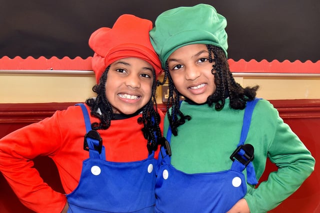 Presentation Primary School twins Noah, left, and Othon Santos, dressed up as Super Mario Brothers Mario and Luigi for World Book Day. PT10-200.