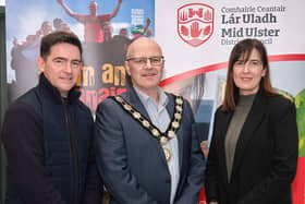 Mark Harte (Chair, Pobal an Ghleanna, South Tyrone), Councillor Dominic Molloy (Chair, Mid Ulster District Council) and Karen Kirby (Executive Commissioner, BBC Gaeilge). Credit: Submitted