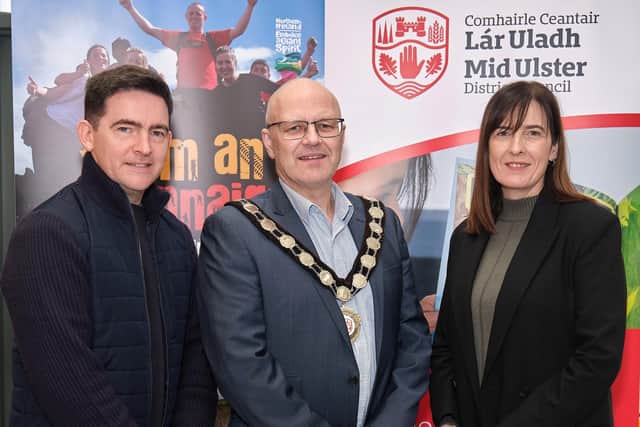 Mark Harte (Chair, Pobal an Ghleanna, South Tyrone), Councillor Dominic Molloy (Chair, Mid Ulster District Council) and Karen Kirby (Executive Commissioner, BBC Gaeilge). Credit: Submitted
