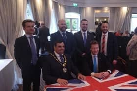Cllr Clarke pictured with TUV colleagues Ald Stewart McDonald (Deputy Mayor MEA), Cllr Timothy Gaston, Cllr Christopher Jamieson and Cllr Matthew Warwick alongside Reform UK leader Richard Tice at the TUV conference on March 16. (Pic: Contributed).