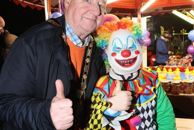 The Mayor 'clowning' around with a 'friend' at the spooktacular Halloween Happenings of fun, fireworks and festivities at the Coleraine campus of Ulster University on Friday evening