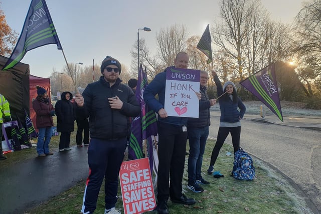 Members of Unison take part in a picket at Craigavon Area Hospital on Monday. Health workers were on a 24 hour strike over pay.