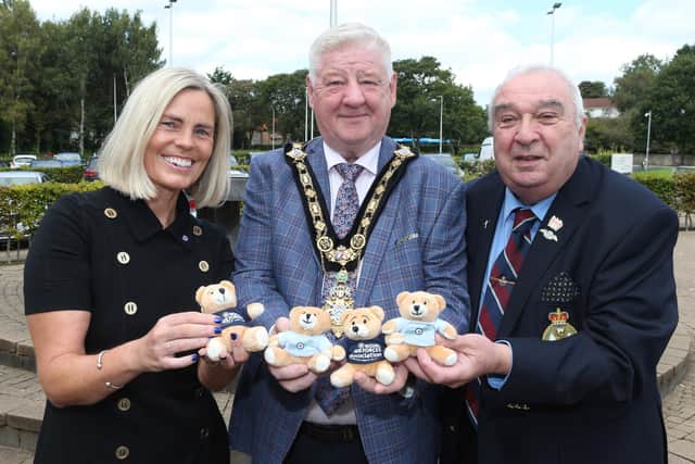 Mayor of Causeway Coast and Glens, Councillor Steven Callaghan with RAF fundraiser Julie Corbett and Royal British Legion Chairman, Ronnie Galbraith. Credit Causeway Coast and Glens Borough Council