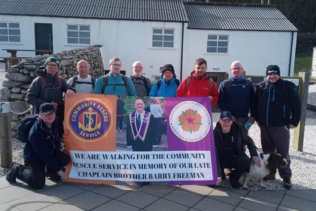 Members of Killowen Purple Heroes LOL 930 pictured prior to their opening fundraising walk along the Causeway Coastal path in March.
