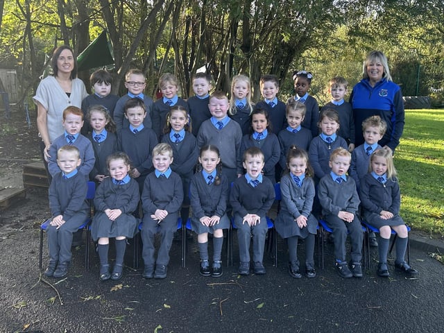 Bleary Primary School P1 class with teacher Mrs Wethers and classroom assistant Mrs Girvan.