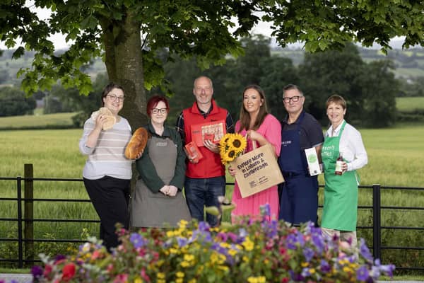 Pictured at the launch of this year's Food Fair are, (l-r) Marzena Rydzinski, Bakery Next Door; Mandy Brankin, The Pie Shop Moira; Jonny Cuddy, Ispini Charcuterie; Councillor Claire Kemp, Chair of LCCC Regeneration & Growth Committee; Chef Chris McGowan, Wine & Brine and Noreen Van der Velde, Noreen’s Nettles. Pic credit: LCCC