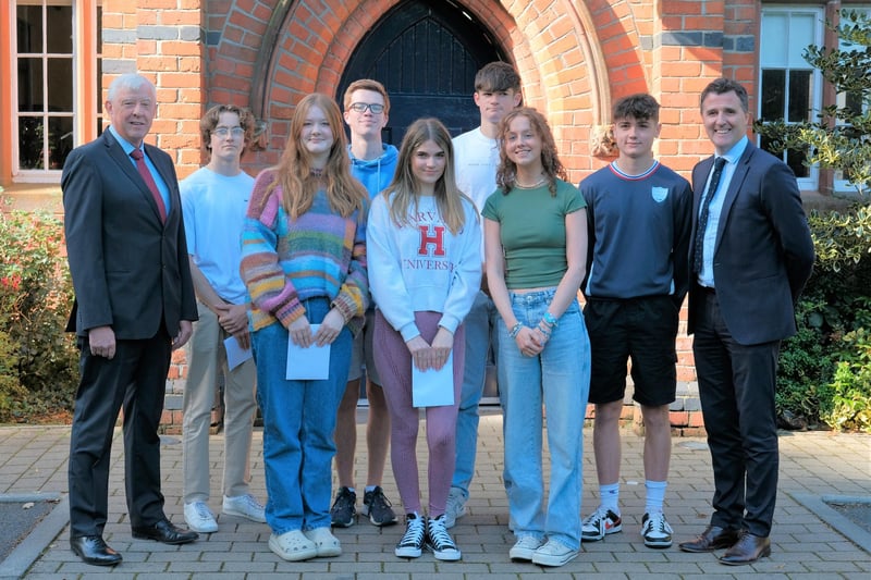 Pupils at Lurgan College who achieved 9A*/A grades - Daniel Owen (Millington PS, Molly Fulton (Waringstown PS), Lewis Robinson (King’s Park PS), Leah Parks (Carrick PS), Joshua Wilson (Moira PS), Martha McTernaghan (King’s Park PS), Thomas Stevenson (Donacloney PS). They are pictured with Mr Barry Mulholland, Chairperson of the Education Authority and Mr Kyle McCallan, Headmaster.