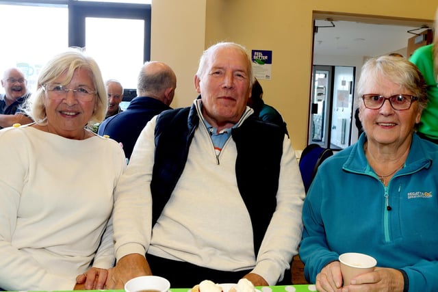 William Clarke, Helen Clarke and Daphne Bustard pictured at the Macmillan Cancer Support Coffee morning held in Portballintrae Centre organised by Causeway Coast and Glens Borough Council and McMillan Move More Volunteers