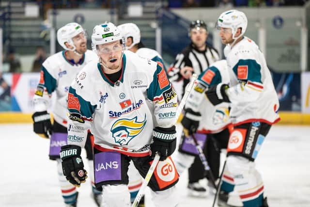 Mark Cooper, centre, in action against the Coventry Blaze at the Coventry Skydome last Sunday. Picture: Scott Wiggins