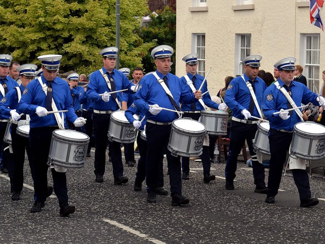 Drummers of Derrylee Flute Band who accompanied Sir Knights of Summerisland District in Loughgall on Saturday. PT35-219.