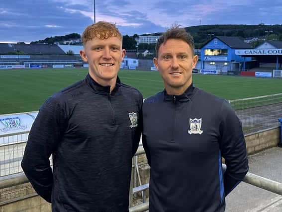 New Newry City signing Ryan Fearon pictured with Assistant Manager Ryan Moffatt.