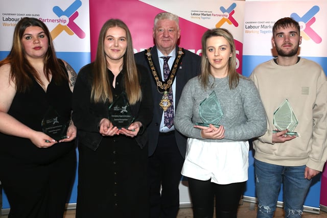 Mayor of Causeway Coast and Glens, Councillor Steven Callaghan at the Special Recognition Awards with Lauren McCloy, Stephanie Hamilton, Courtney Hutchinson and Jack Campbell.