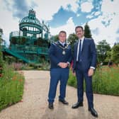 Minister of State for Northern Ireland Steve Baker MP and the Mayor of Antrim and Newtownabbey, Cllr Mark Cooper BEM at the Coronation Garden.