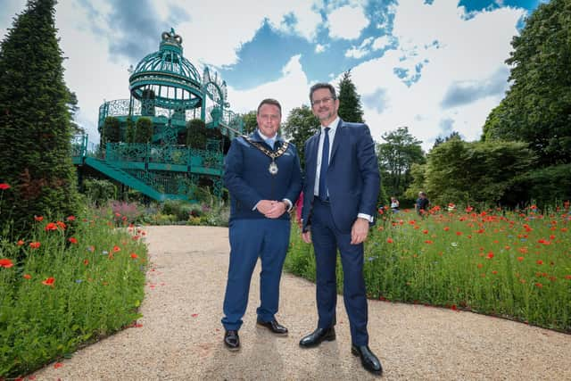 Minister of State for Northern Ireland Steve Baker MP and the Mayor of Antrim and Newtownabbey, Cllr Mark Cooper BEM at the Coronation Garden.